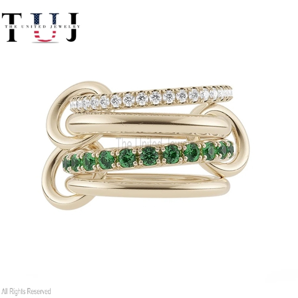 Handmade Natural Diamond link Connected Rings, Diamond With Tsavorite Multi Link Love Ring, Trinity Link Band, Five Link Ring, Connected Ring