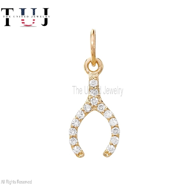 925 Sterling Silver Gold Plated Diamond Wishbone Charm, Diamond Wishbone Necklace
